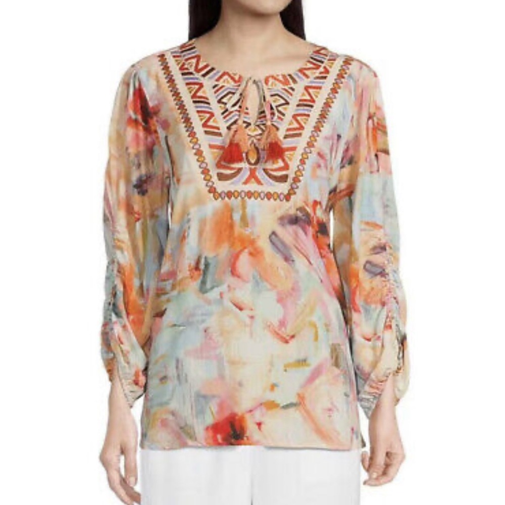John Mark Top Embroidered Tassel Tunic Blouse Sm Art To Wear Western Terracotta